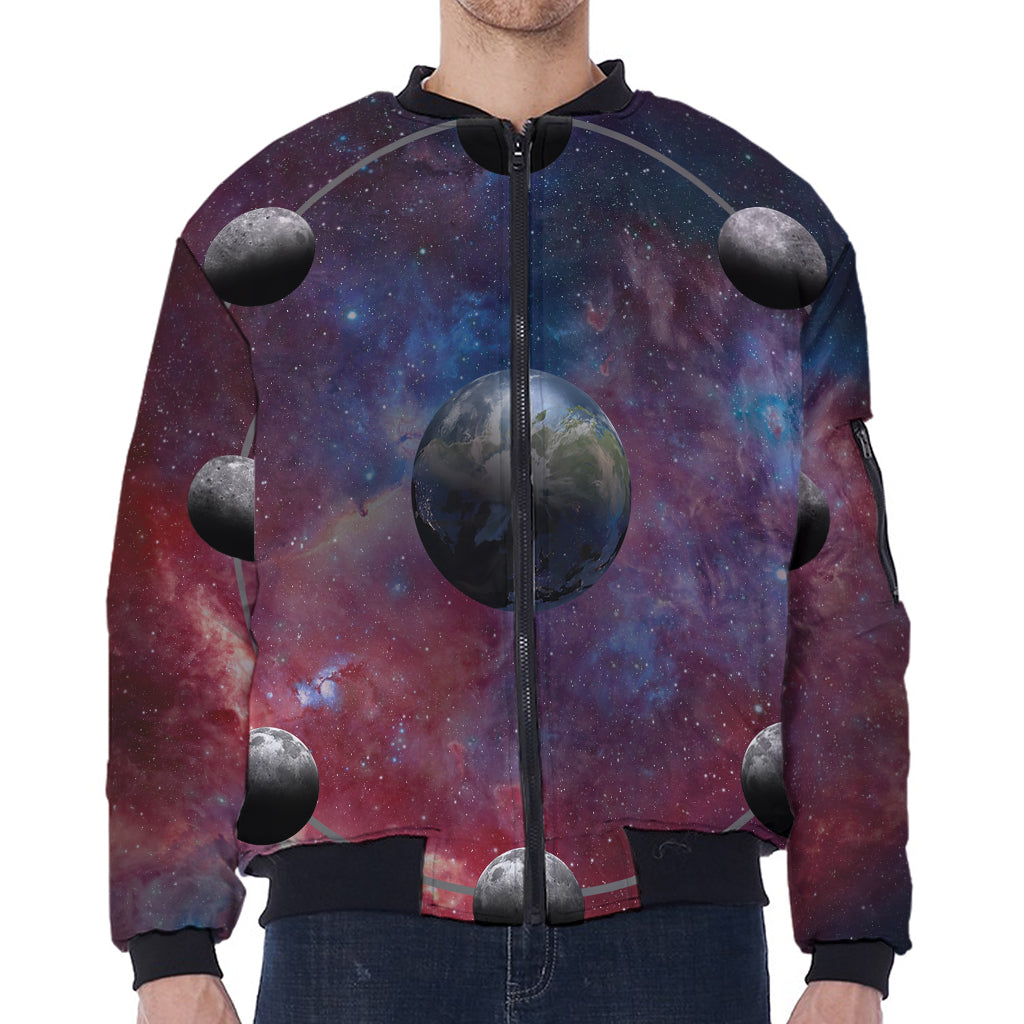 Galaxy Lunar Phase Print Zip Sleeve Bomber Jacket