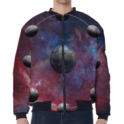 Galaxy Lunar Phase Print Zip Sleeve Bomber Jacket