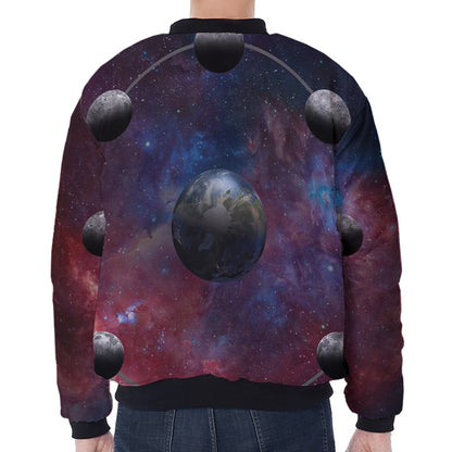 Galaxy Lunar Phase Print Zip Sleeve Bomber Jacket