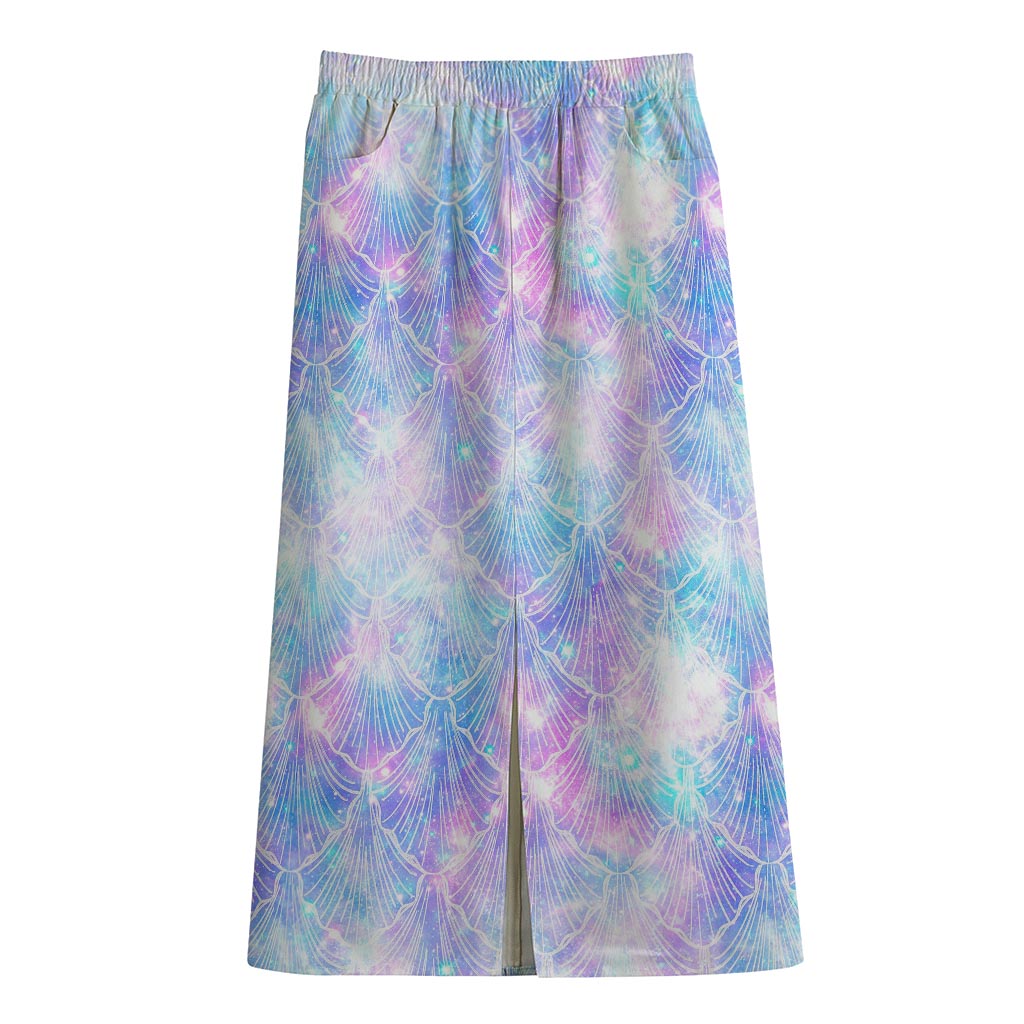 Galaxy Mermaid Scales Pattern Print Cotton Front Slit Maxi Skirt