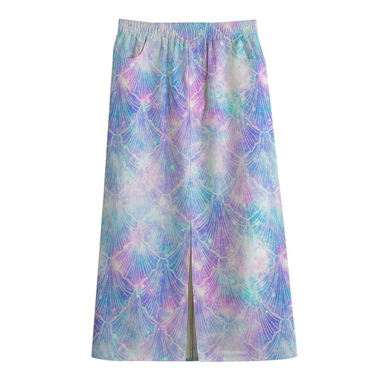 Galaxy Mermaid Scales Pattern Print Cotton Front Slit Maxi Skirt