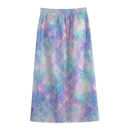 Galaxy Mermaid Scales Pattern Print Cotton Front Slit Maxi Skirt