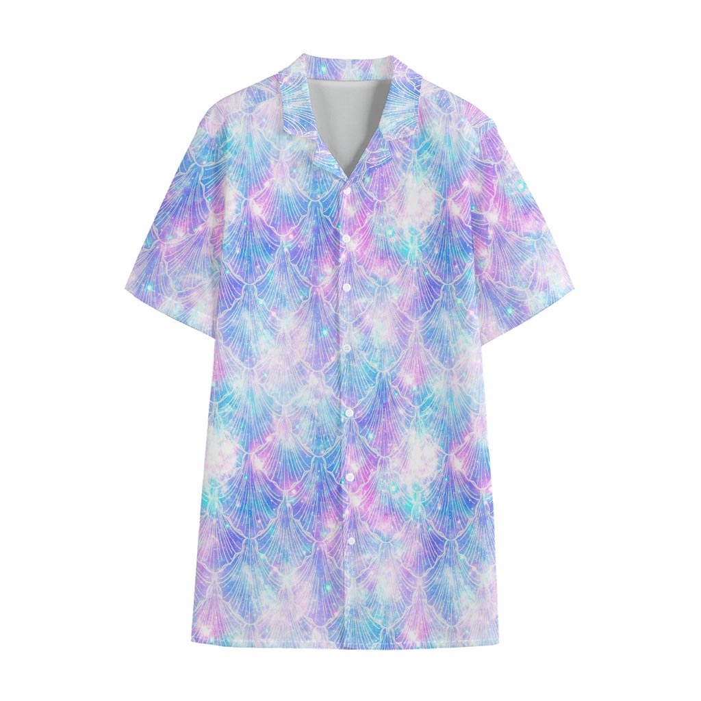 Galaxy Mermaid Scales Pattern Print Cotton Hawaiian Shirt