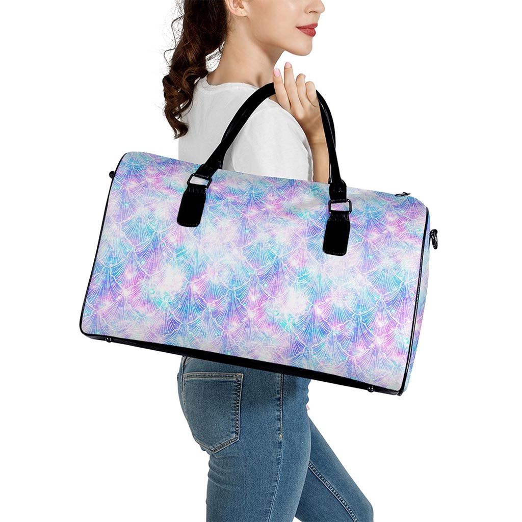 Galaxy Mermaid Scales Pattern Print Leather Duffle Bag