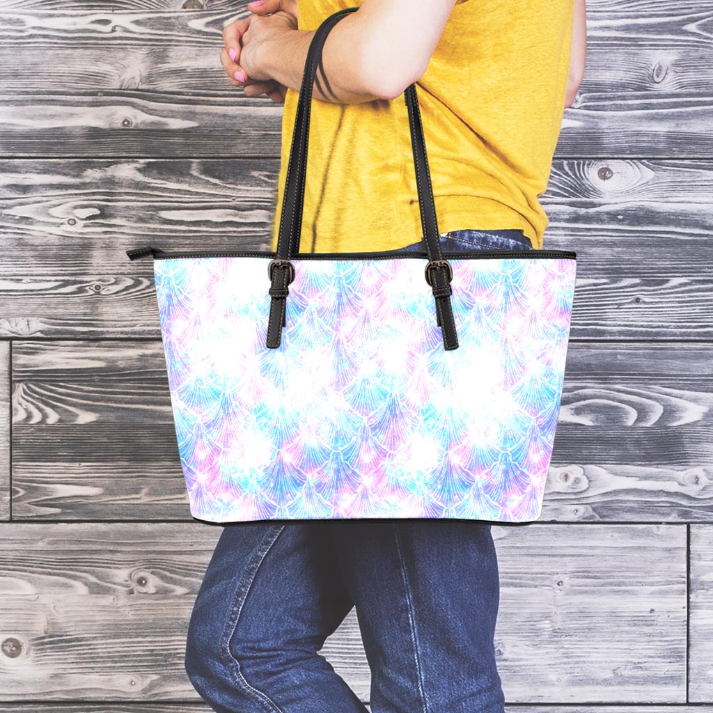 Galaxy Mermaid Scales Pattern Print Leather Tote Bag