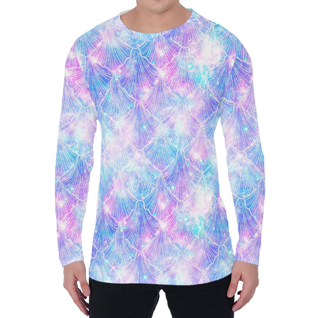 Galaxy Mermaid Scales Pattern Print Men's Long Sleeve T-Shirt