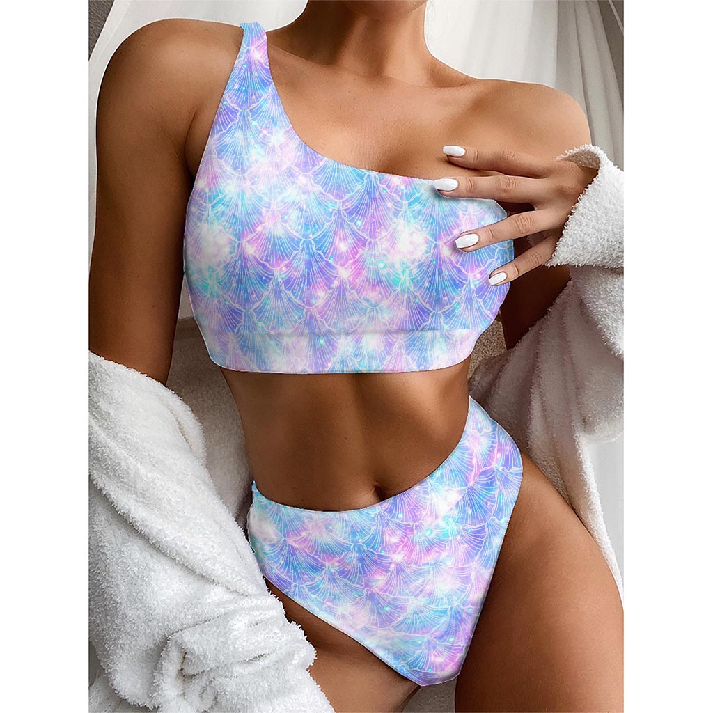 Galaxy Mermaid Scales Pattern Print One Shoulder Bikini Top