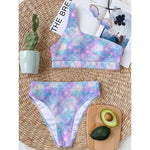 Galaxy Mermaid Scales Pattern Print One Shoulder Bikini Top