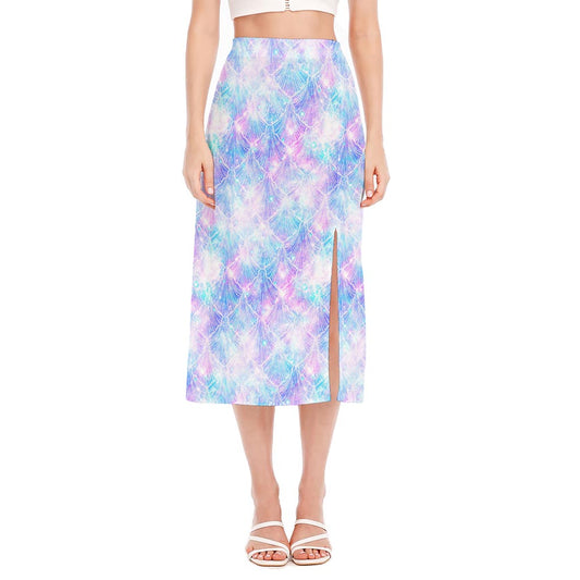 Galaxy Mermaid Scales Pattern Print Side Slit Midi Skirt