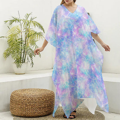 Galaxy Mermaid Scales Pattern Print Silk V-Neck Kaftan Dress