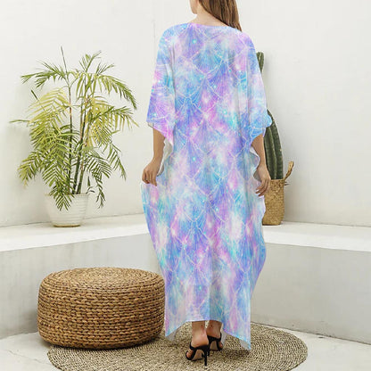 Galaxy Mermaid Scales Pattern Print Silk V-Neck Kaftan Dress