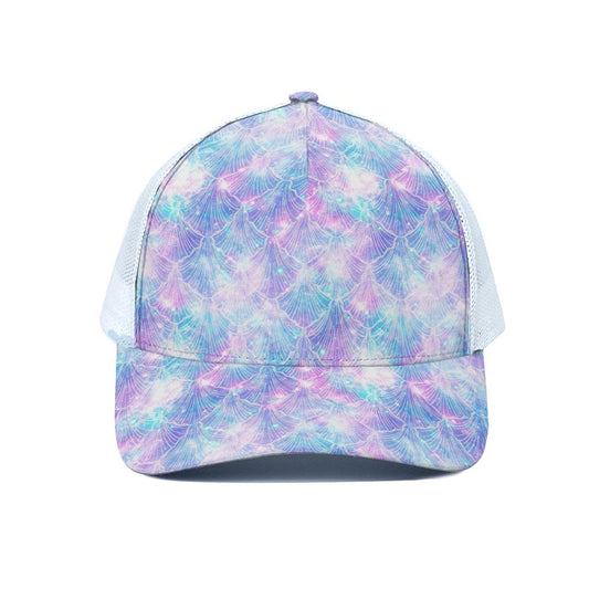 Galaxy Mermaid Scales Pattern Print White Mesh Trucker Cap