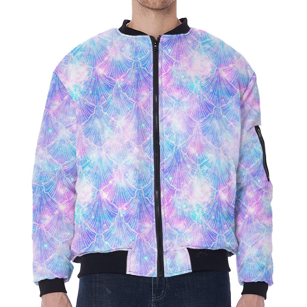 Galaxy Mermaid Scales Pattern Print Zip Sleeve Bomber Jacket