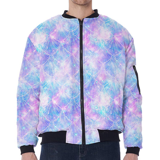 Galaxy Mermaid Scales Pattern Print Zip Sleeve Bomber Jacket
