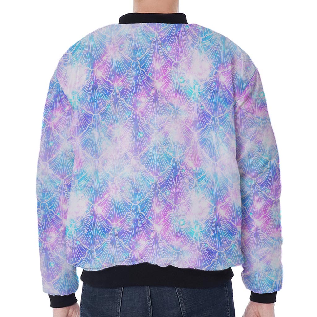 Galaxy Mermaid Scales Pattern Print Zip Sleeve Bomber Jacket