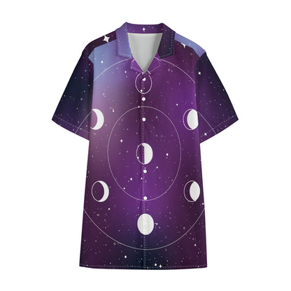 Galaxy Moon Phase Print Cotton Hawaiian Shirt