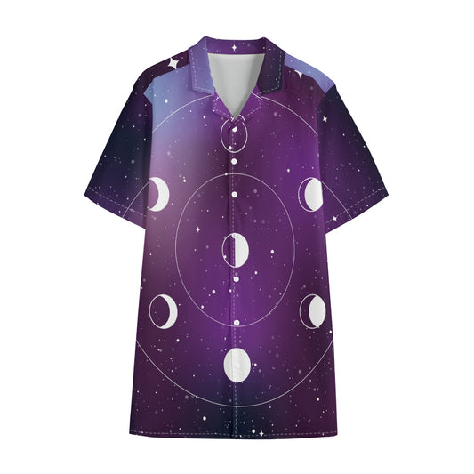 Galaxy Moon Phase Print Cotton Hawaiian Shirt