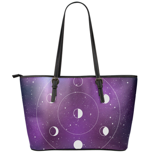 Galaxy Moon Phase Print Leather Tote Bag