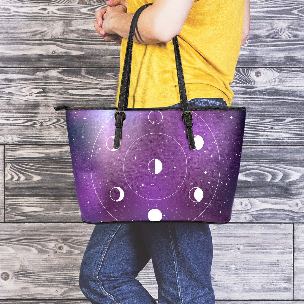 Galaxy Moon Phase Print Leather Tote Bag