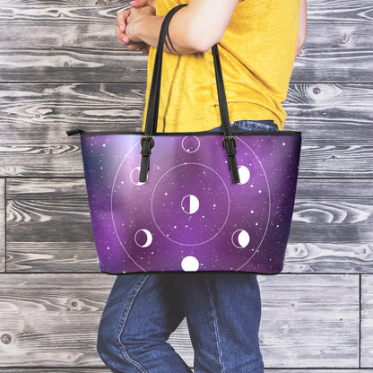 Galaxy Moon Phase Print Leather Tote Bag