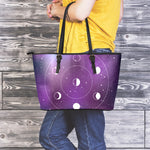 Galaxy Moon Phase Print Leather Tote Bag