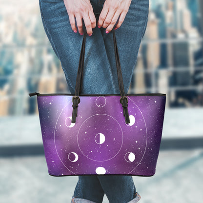Galaxy Moon Phase Print Leather Tote Bag