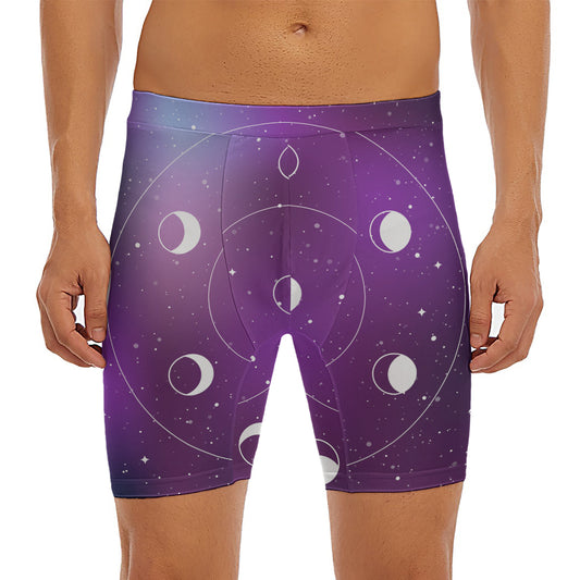 Galaxy Moon Phase Print Men's Long Boxer Briefs