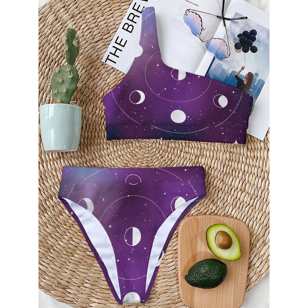Galaxy Moon Phase Print One Shoulder Bikini Top