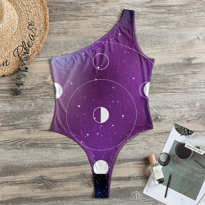 Galaxy Moon Phase Print One Shoulder Bodysuit