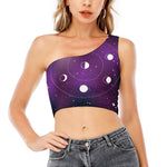 Galaxy Moon Phase Print One Shoulder Crop Top