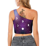 Galaxy Moon Phase Print One Shoulder Crop Top