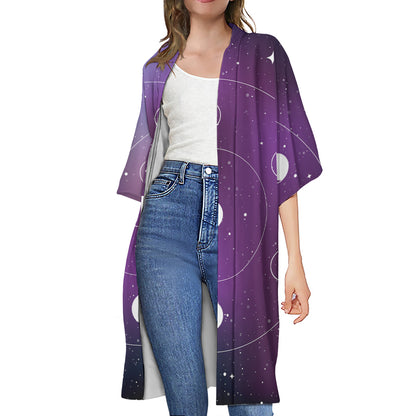 Galaxy Moon Phase Print Open Front Beach Cover Up