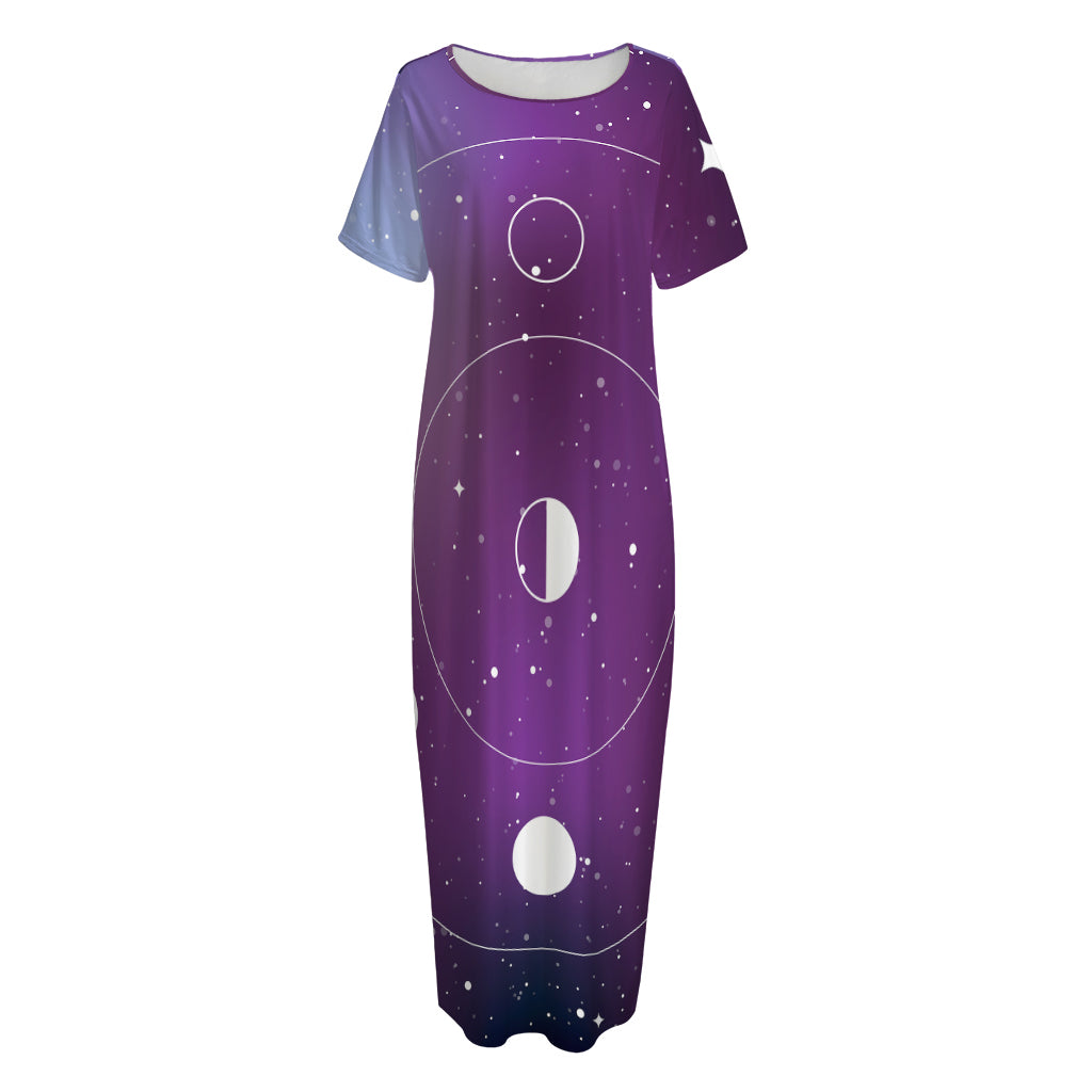 Galaxy Moon Phase Print Short Sleeve Long Nightdress