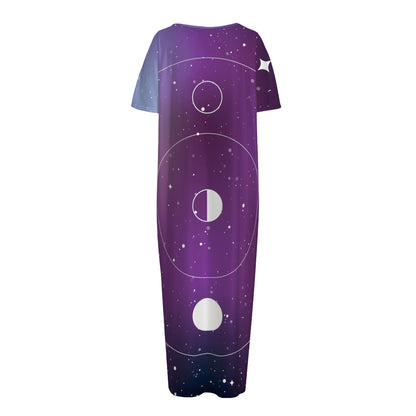 Galaxy Moon Phase Print Short Sleeve Long Nightdress