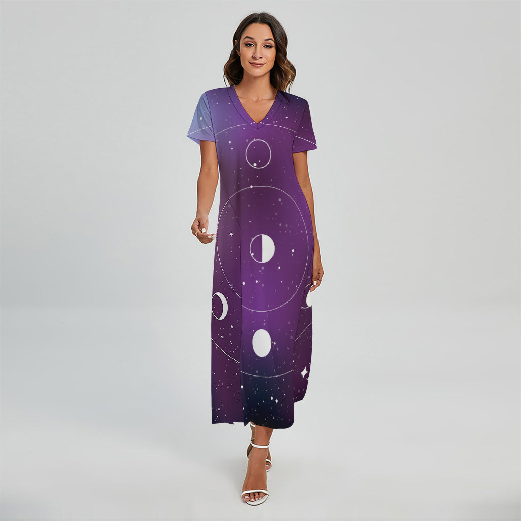 Galaxy Moon Phase Print Short Sleeve Maxi Dress