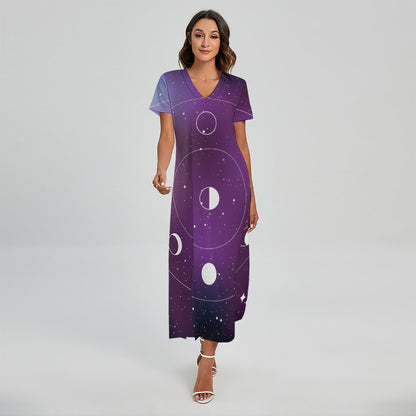 Galaxy Moon Phase Print Short Sleeve Maxi Dress
