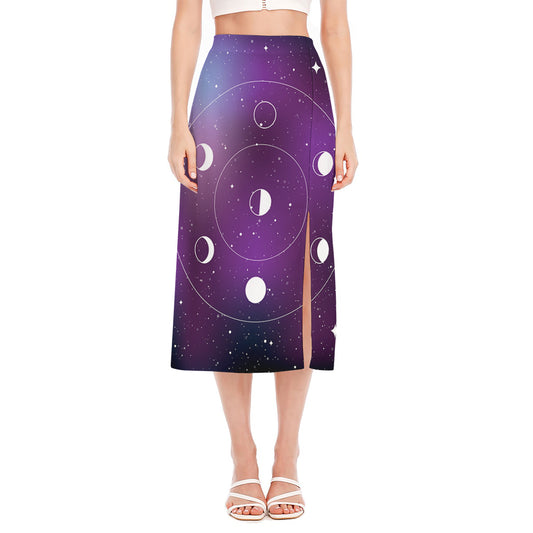 Galaxy Moon Phase Print Side Slit Midi Skirt