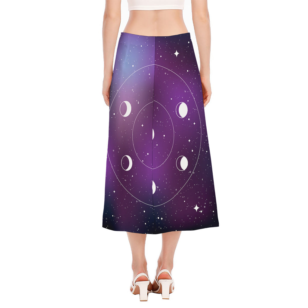 Galaxy Moon Phase Print Side Slit Midi Skirt