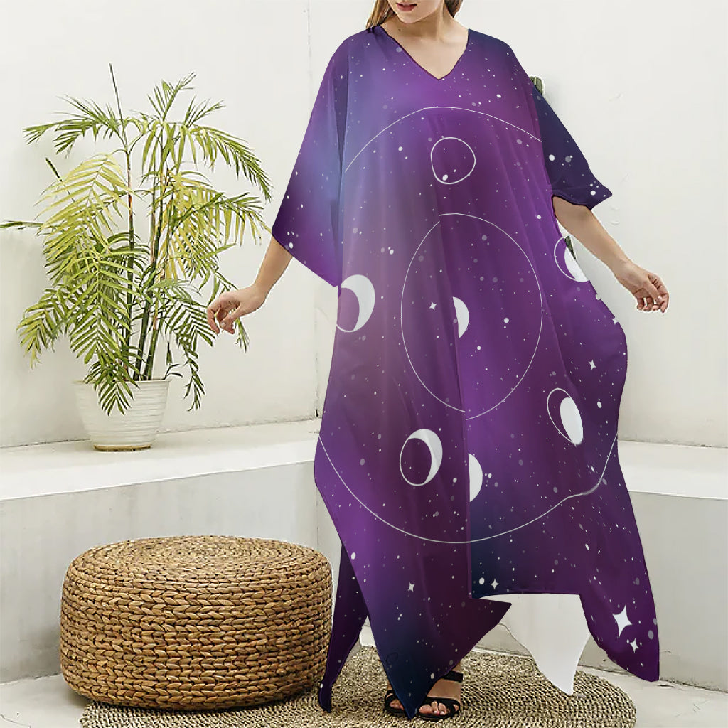 Galaxy Moon Phase Print Silk V-Neck Kaftan Dress