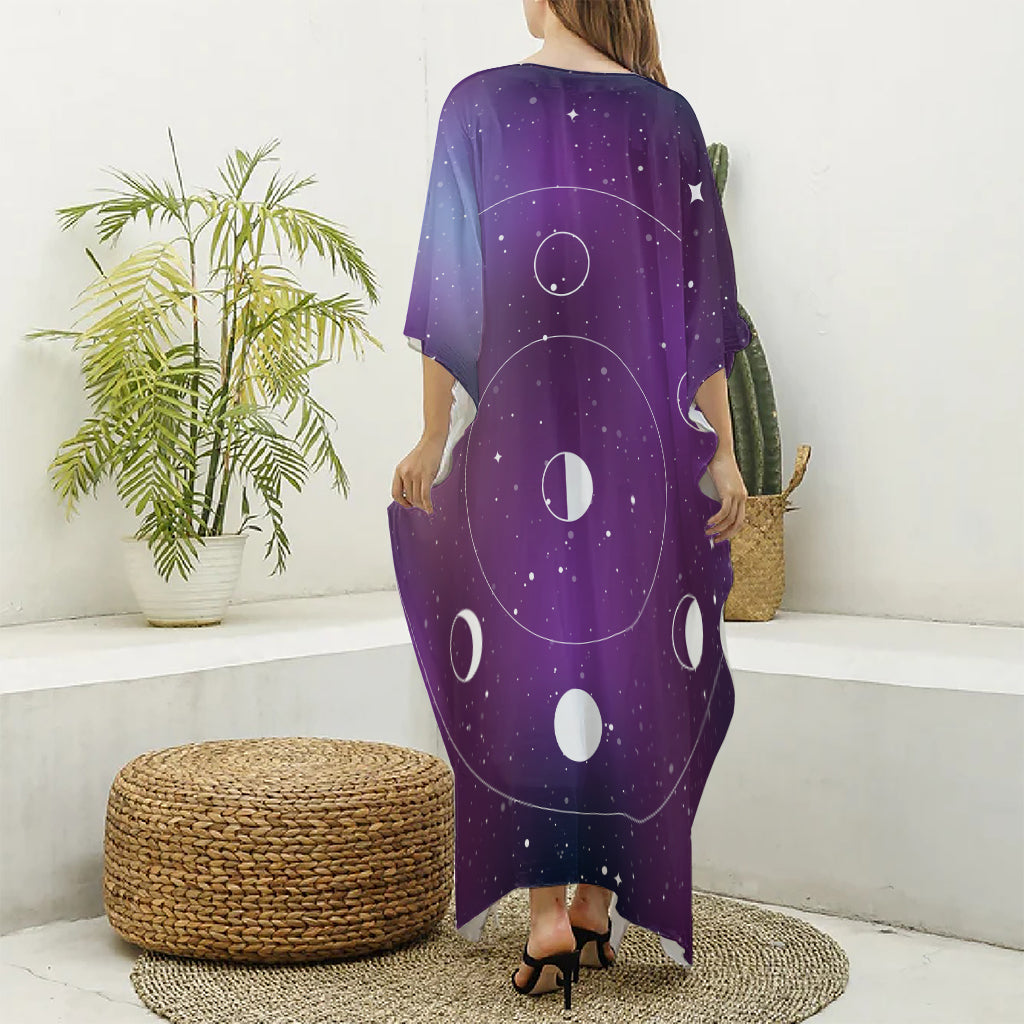 Galaxy Moon Phase Print Silk V-Neck Kaftan Dress