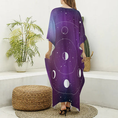 Galaxy Moon Phase Print Silk V-Neck Kaftan Dress
