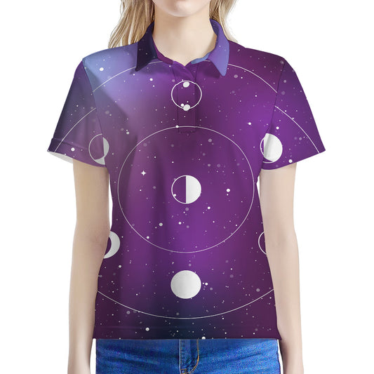 Galaxy Moon Phase Print Women's Polo Shirt