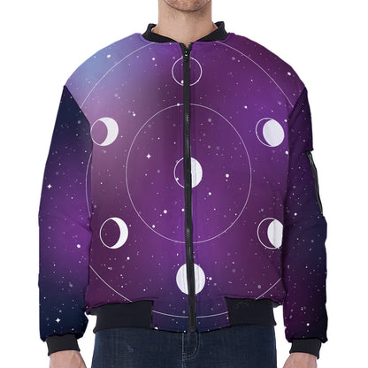 Galaxy Moon Phase Print Zip Sleeve Bomber Jacket