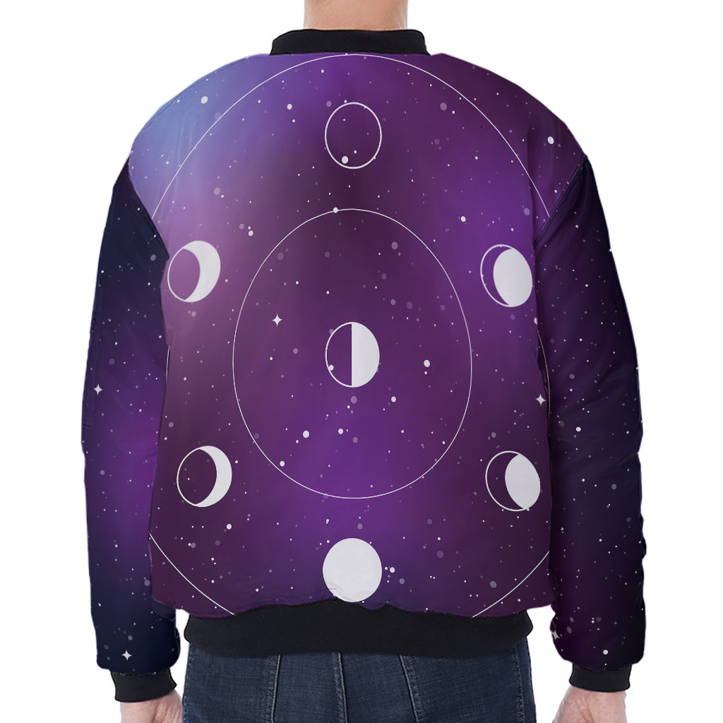 Galaxy Moon Phase Print Zip Sleeve Bomber Jacket