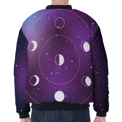 Galaxy Moon Phase Print Zip Sleeve Bomber Jacket