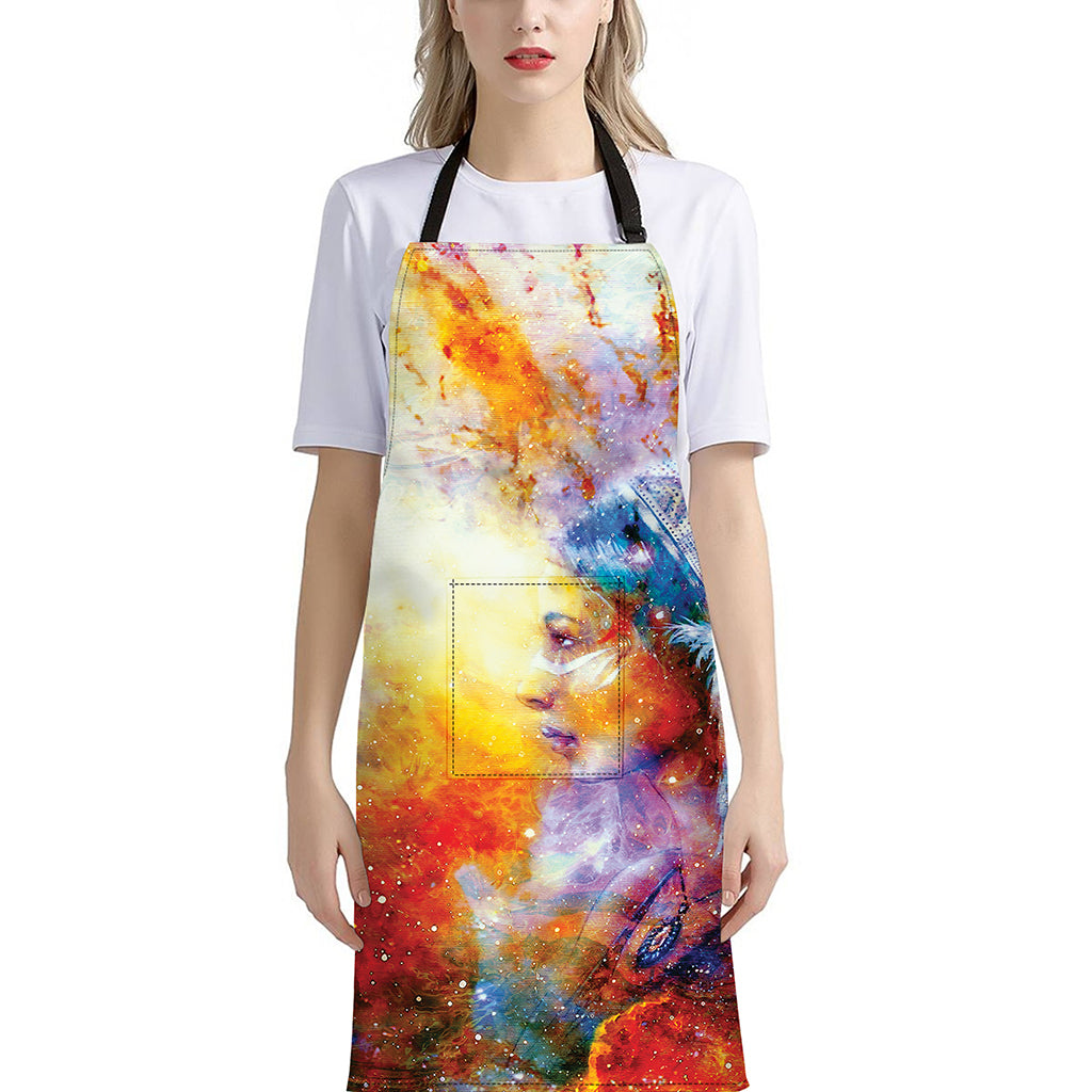 Galaxy Native Indian Woman Print Bib Apron With Pocket
