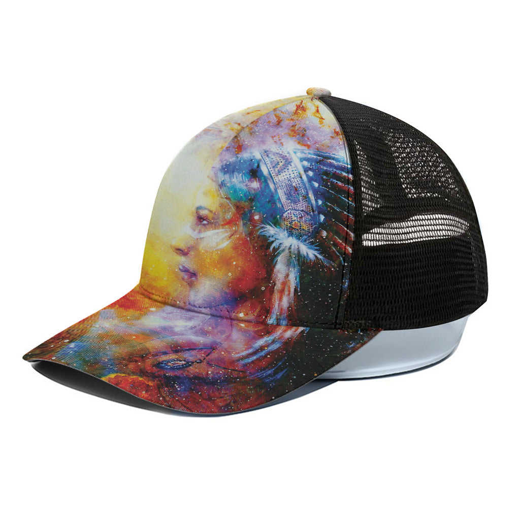 Galaxy Native Indian Woman Print Black Mesh Trucker Cap