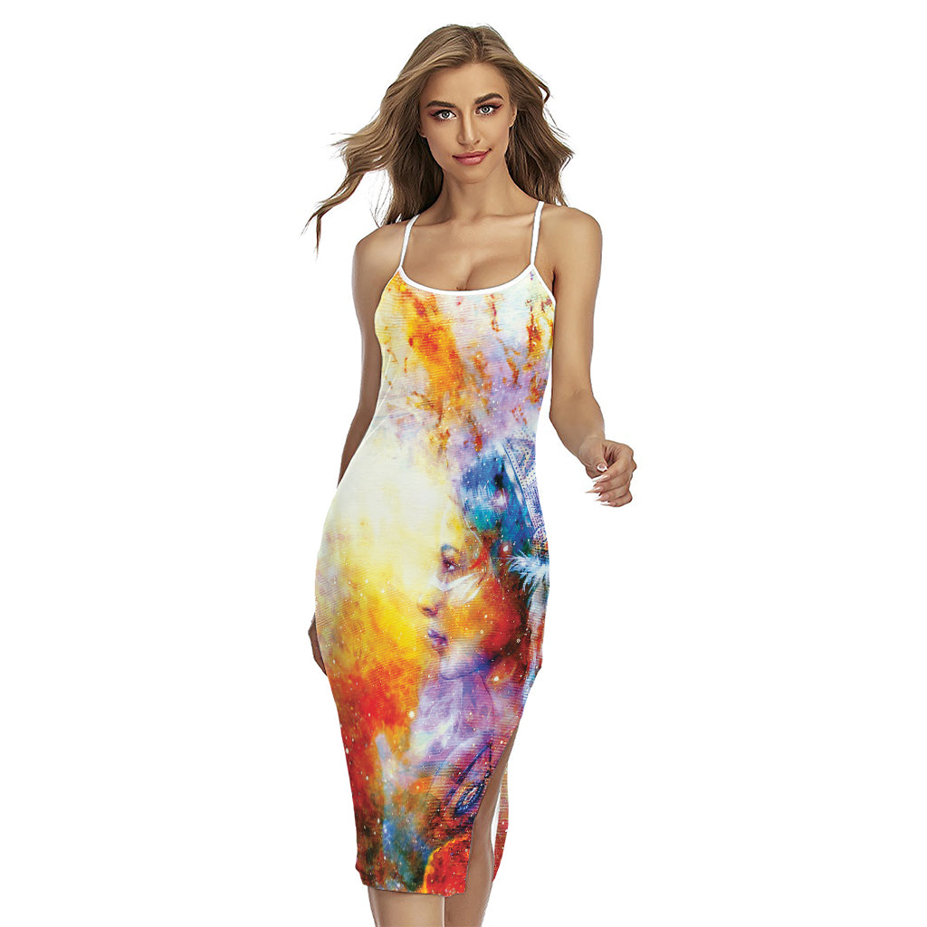 Galaxy Native Indian Woman Print Cross Back Cami Dress