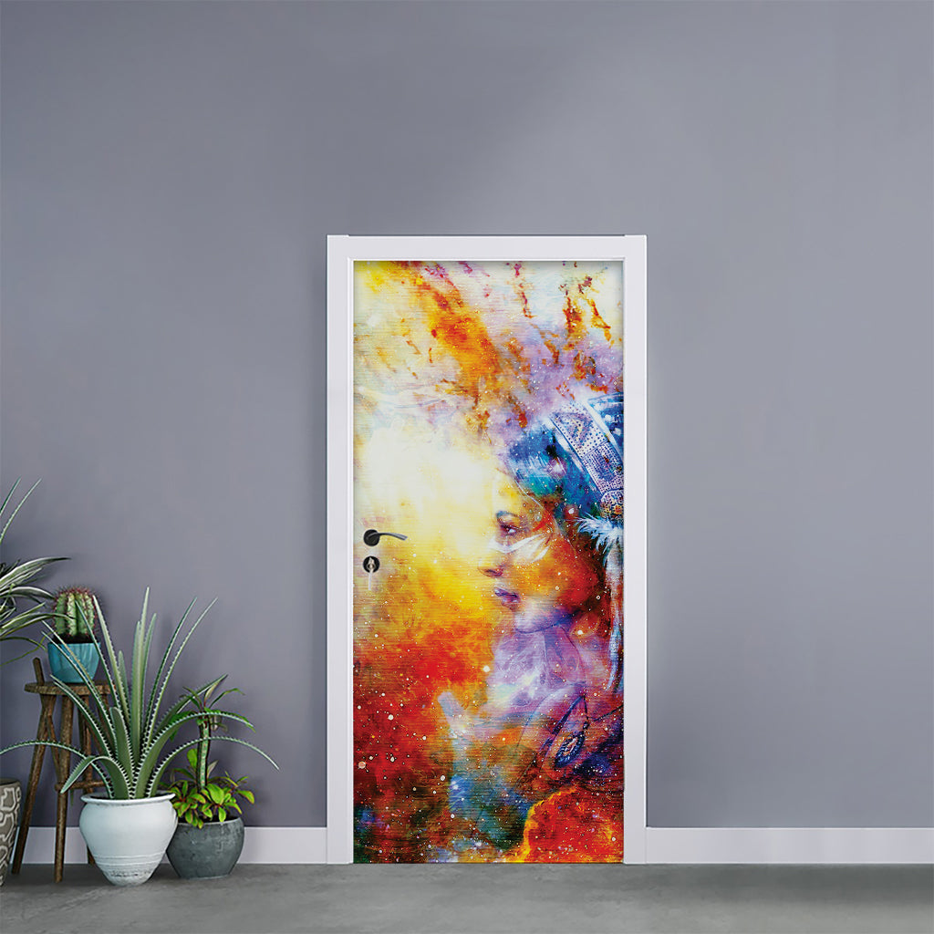 Galaxy Native Indian Woman Print Door Sticker