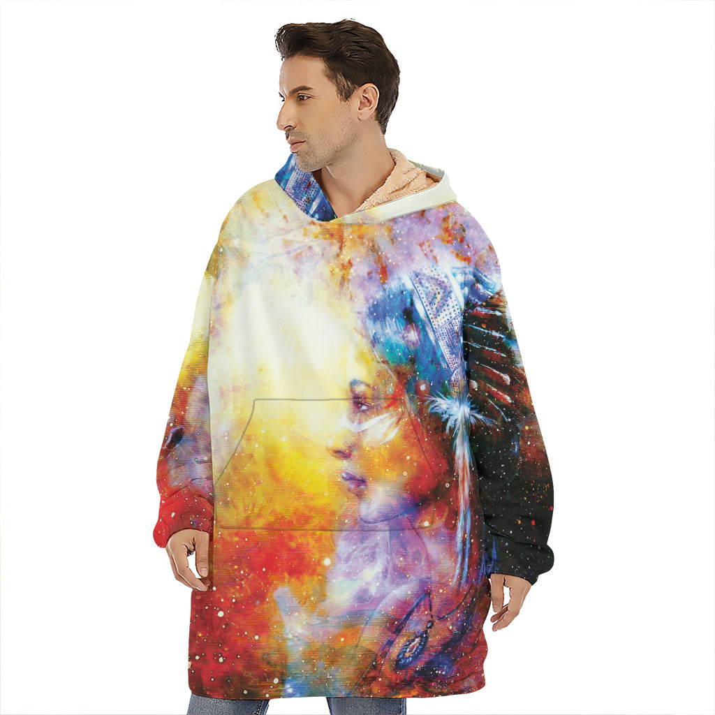Galaxy Native Indian Woman Print Hoodie Blanket